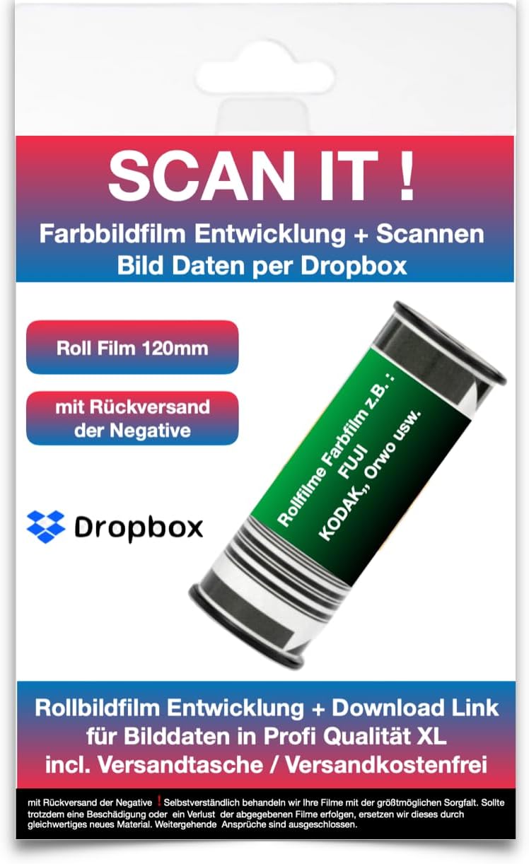 Film Development + Scanning 120 mm Roll Film Colour Image Data via Dropbox XL Scan 3637 x 3637 px at 6 x 6 with Negative Film Return Shipping