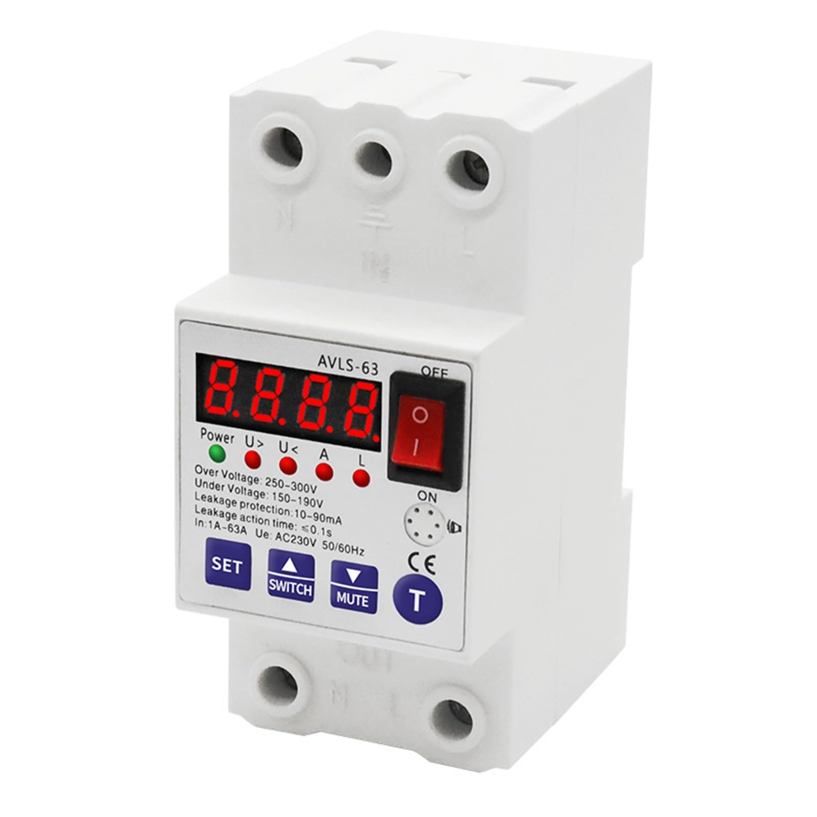 LHNBGTUIW 63A Din Rail Leakage Protection Circuit Breaker Over and Under Voltage Current AC230V 50Hz