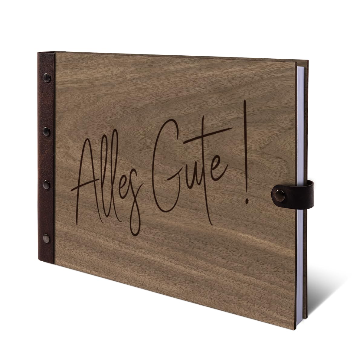 Geburtstag Gästebuch Okoume Holz Cover mit Lederrücken 72 Blätter | 144 Seiten DIN A4 quer 302x215mm - Alles Gute