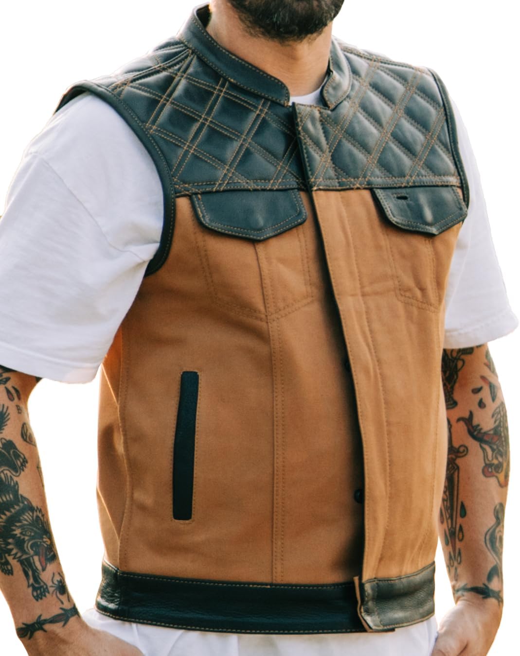 First Mfg Co - Hunt Club - Men’s Motorcycle Biker Riding Leather and Canvas Vest - Diamond Quilted Stitching