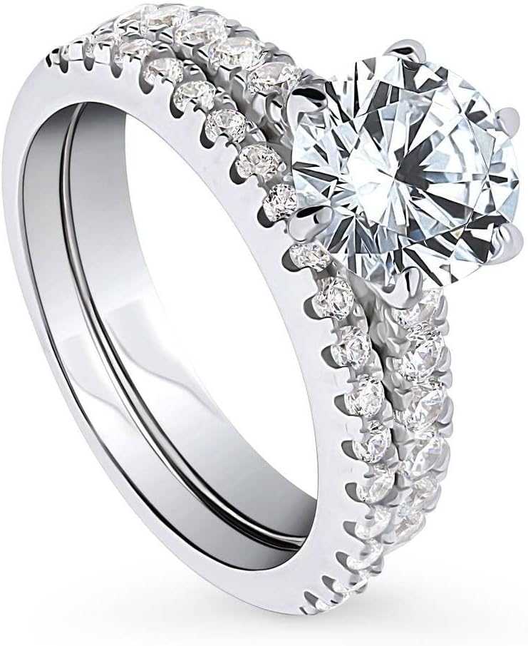 BERRICLE Sterling Silver Solitaire Engagement Rings Stackable Band for Women, 2 Carat Round Cut Cubic Zirconia CZ Ring Set