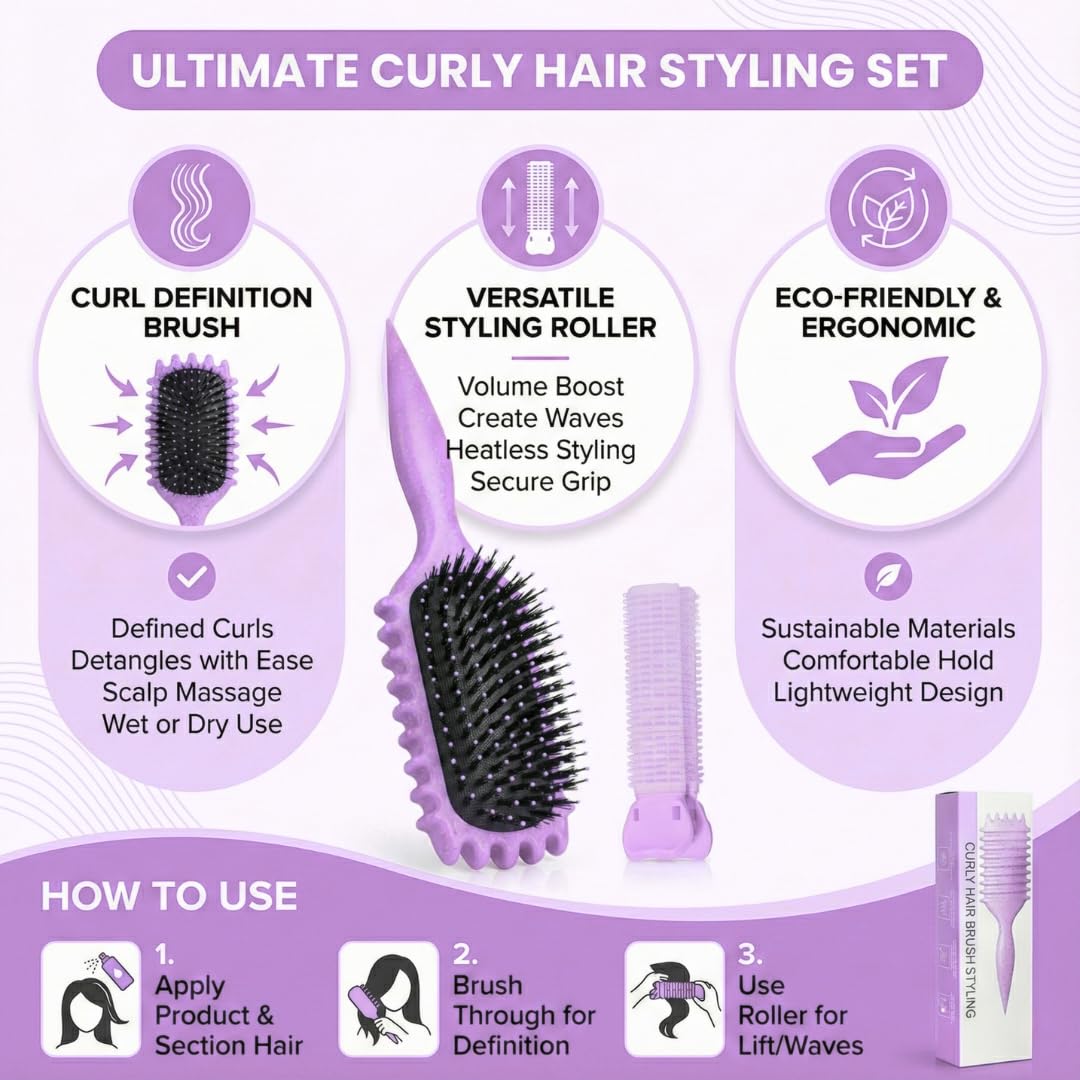 Cepillo definidor de rizos con clip para cabello rizado mojado, cepillo para desenredar el cabello rizado morado para control de encrespamiento y rizos definidos, cepillo de rizo Bewelio