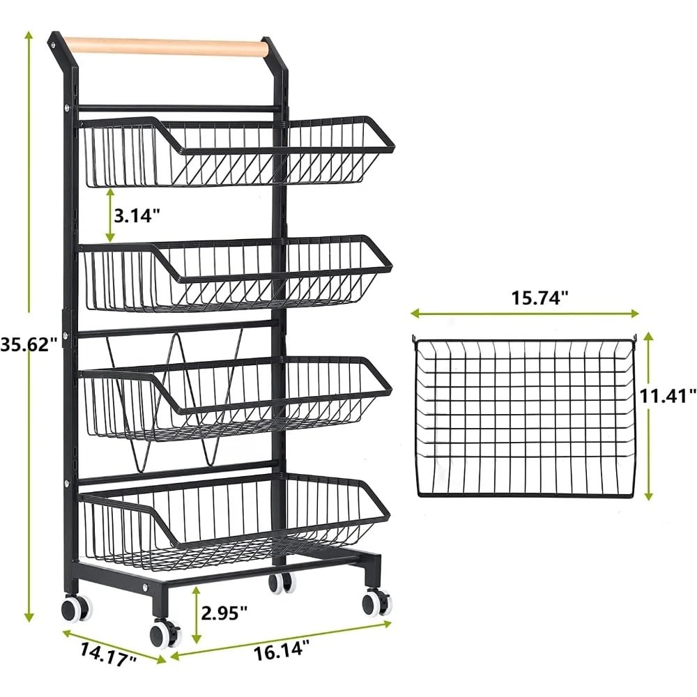 Carrito rodante de 4 niveles para frutas y verduras con asa y ruedas, isla de cocina negra, solución móvil para frutas y verduras, diseño que ahorra espacio