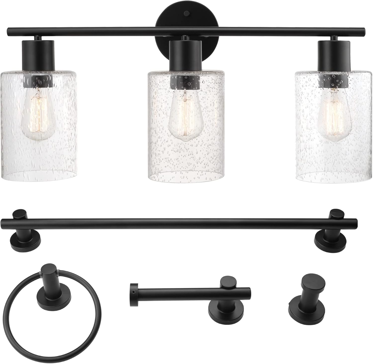 Globe Electric 51851 Bristol – Juego de baño todo en uno de 5 piezas, negro mate, lámpara de tocador de 3 luces con pantallas de vidrio semillado,