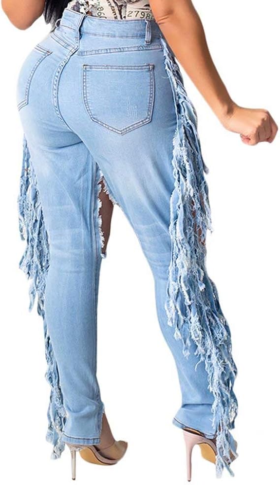 Denim Fringe Flare Jeans Pants 