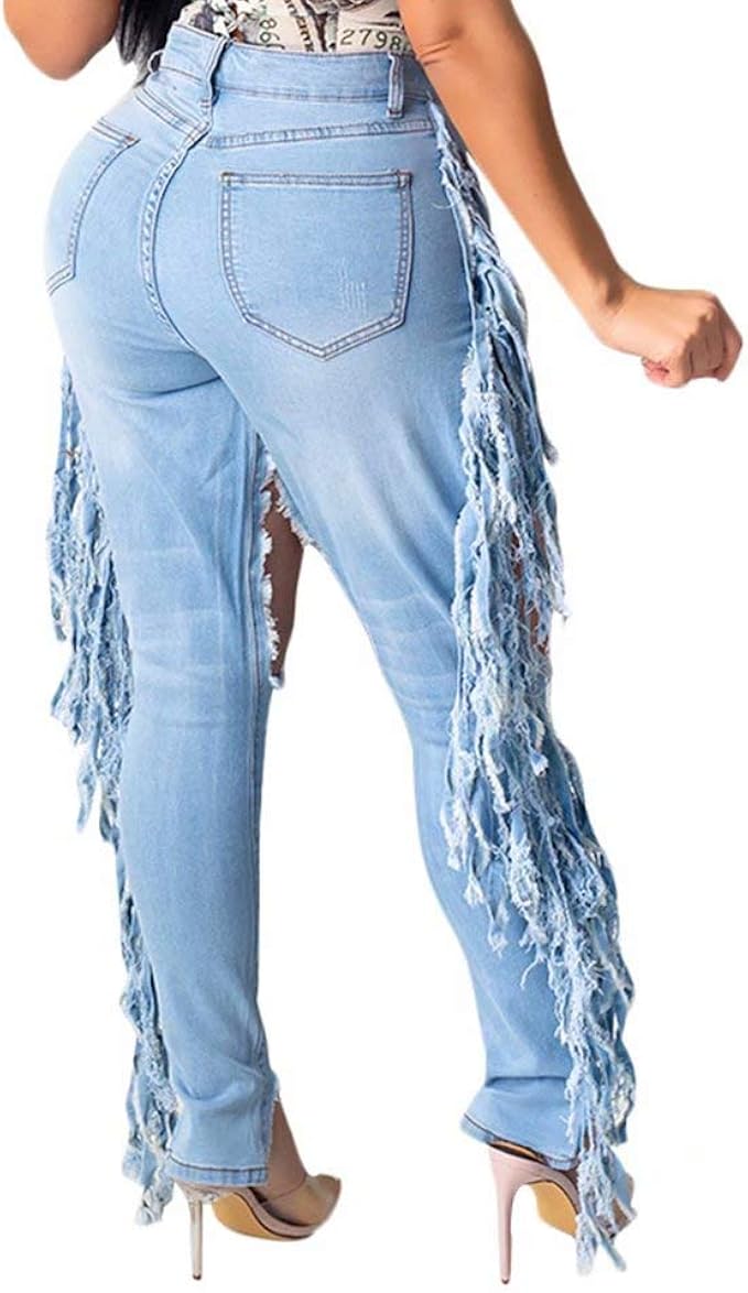 Denim Fringe Flare Jeans Pants 