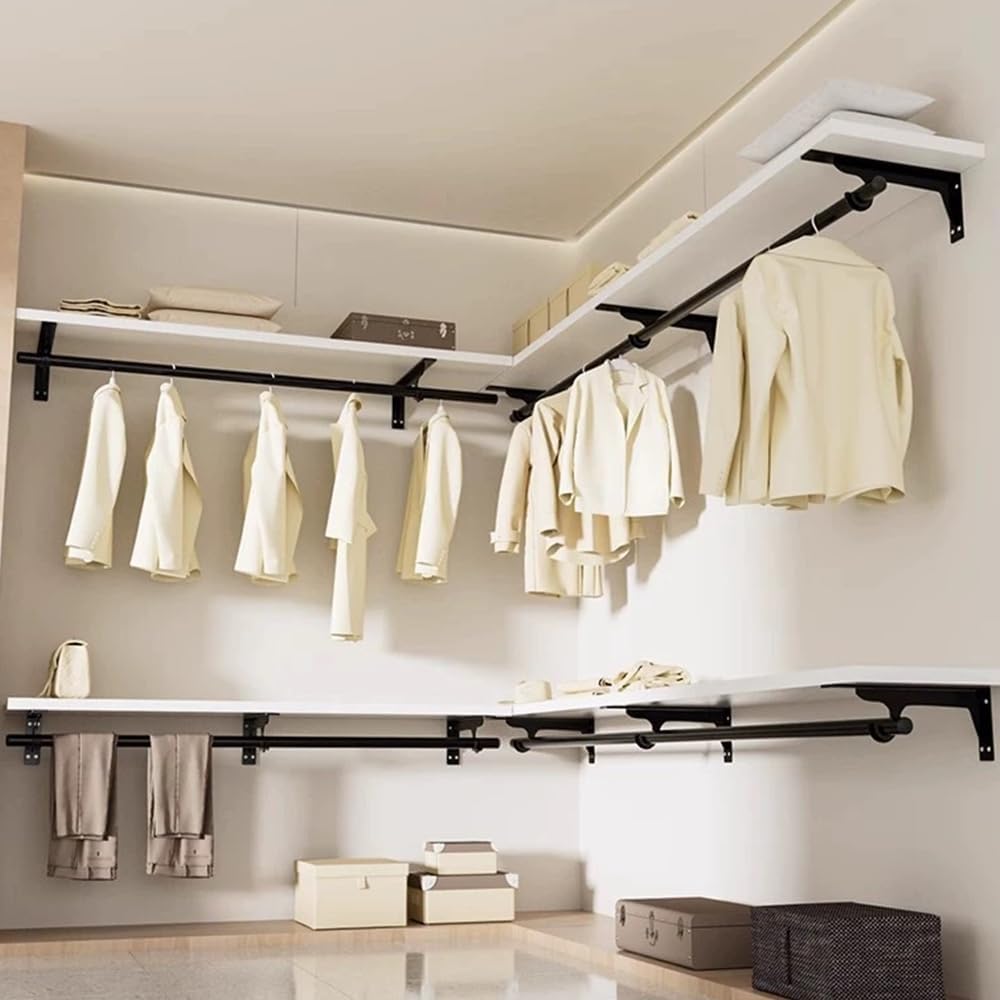 Heavy Duty Closet Rod Holders Closet Rod Support Bracket Wall Mounted Closet Shelves Brackets with Hooks for Home and Decor 2 Pcs (12in-BK-2PC)