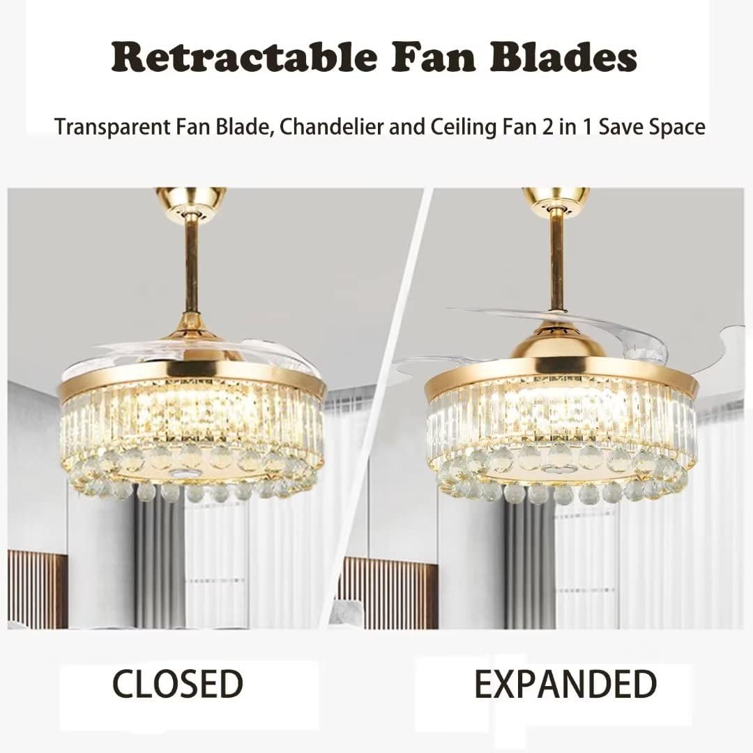 42" Gold Crystal Chandelier Ceiling Fan with Light Remote Control, Modern Retractable Fandelier with Bluetooth Speaker 6 Speeds 7 Dimmable Lights for Bedroom Living Room