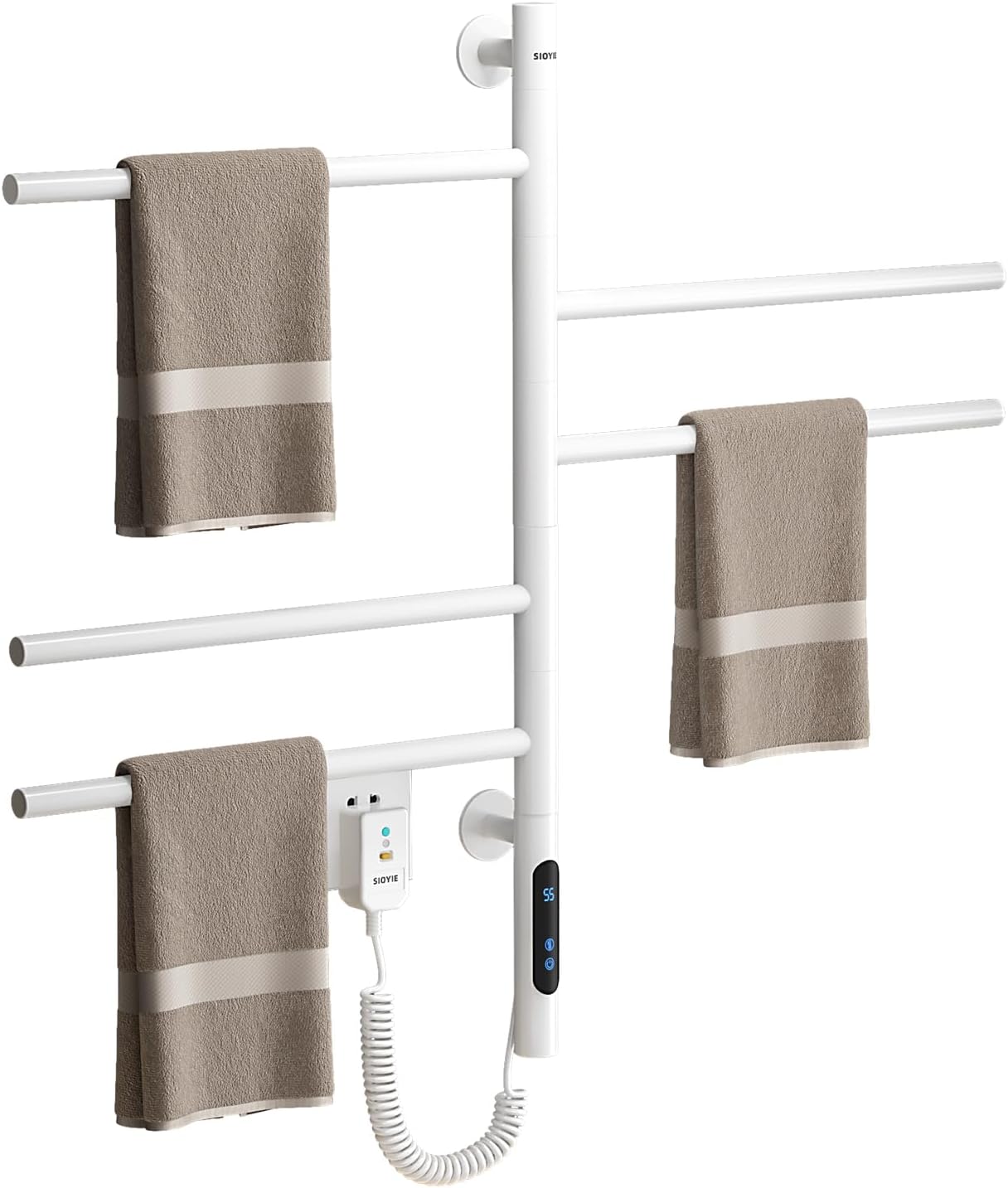 Heated Towel Rack 180° Rotation, WiFi Heated Towel Racks for Bathroom, with 1H-9H Hour Timer, Towel Warmer Rack 86℉-158℉, Wall Mounted, Plug-in Hot Towel Rack -WiFi White