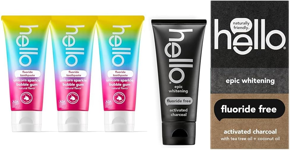 hello Unicorn Sparkle Kids Fluoride Toothpaste, Natural Bubble Gum Flavor, ADA Approved & Activated Charcoal Epic Whitening Fluoride Free Toothpaste, Fresh Mint + Coconut Oil