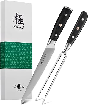 KYOKU Turkey Carving Set, Samurai Series 8" Carving Knife & 8" Carving Fork Set, High Carbon Steel Kitchen Knife with Pakkawood Handle Mosaic Pin Sheath for Meat Slicing Portioning Carving