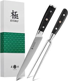 KYOKU Turkey Carving Set, Samurai Series 8" Carving Knife & 8" Carving Fork Set, High Carbon Steel Kitchen Knife with Pakkawood Handle Mosaic Pin Sheath for Meat Slicing Portioning Carving