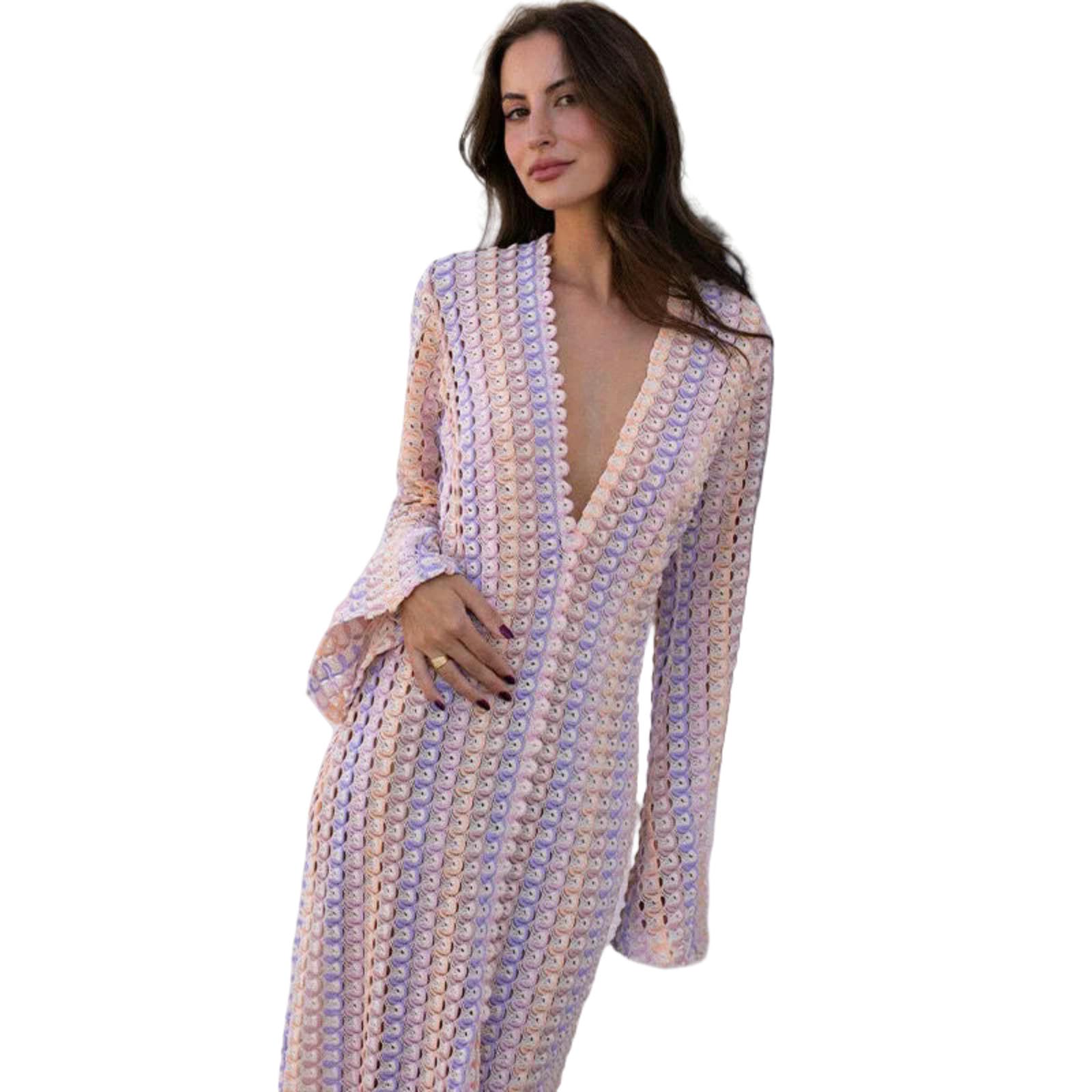 Vestiti a Maniche Lunghe Abito Strisce Colorate da Donna, Diviso con Manicotto V-Collo V, Lungo in Pizzo Sexy, Nuova Spiaggia E Abbigliamento per Banchetti, Vestidos Eleganti