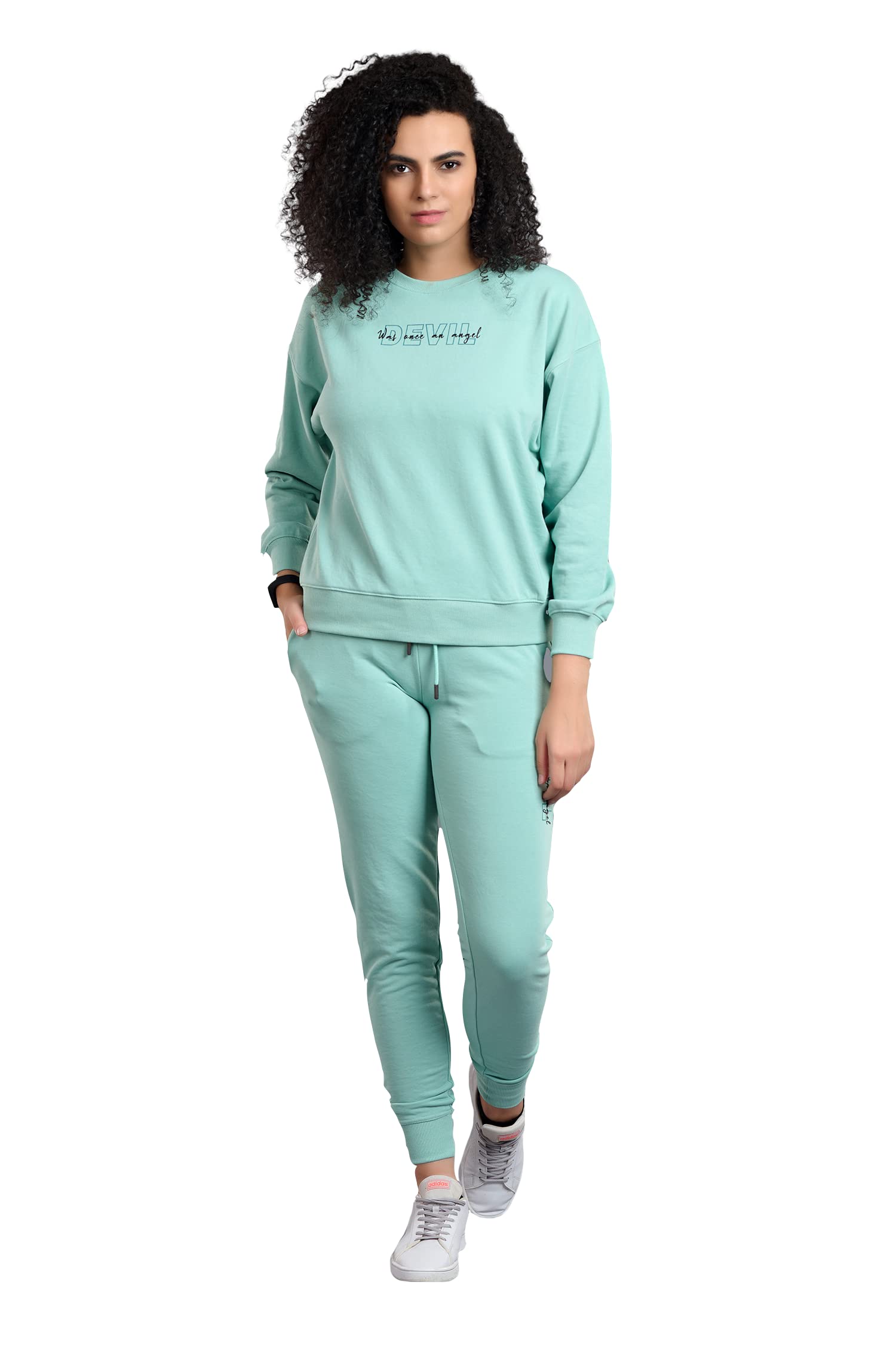Go DevilWomen's Solid|Printed Co-ord Set | Tracksuit Sweatshirt & Jogger Pants for Yoga, Gym, Active Wear Devil was Once an Angel, Green, Large