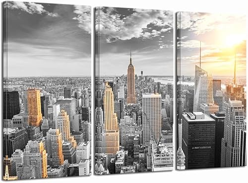 LevvArts Large 3 Piece New York City Canvas Wall Art Modern Black and White NYC at Gold Sunset Picture Prints Cityscape Skyline Poster Framed for