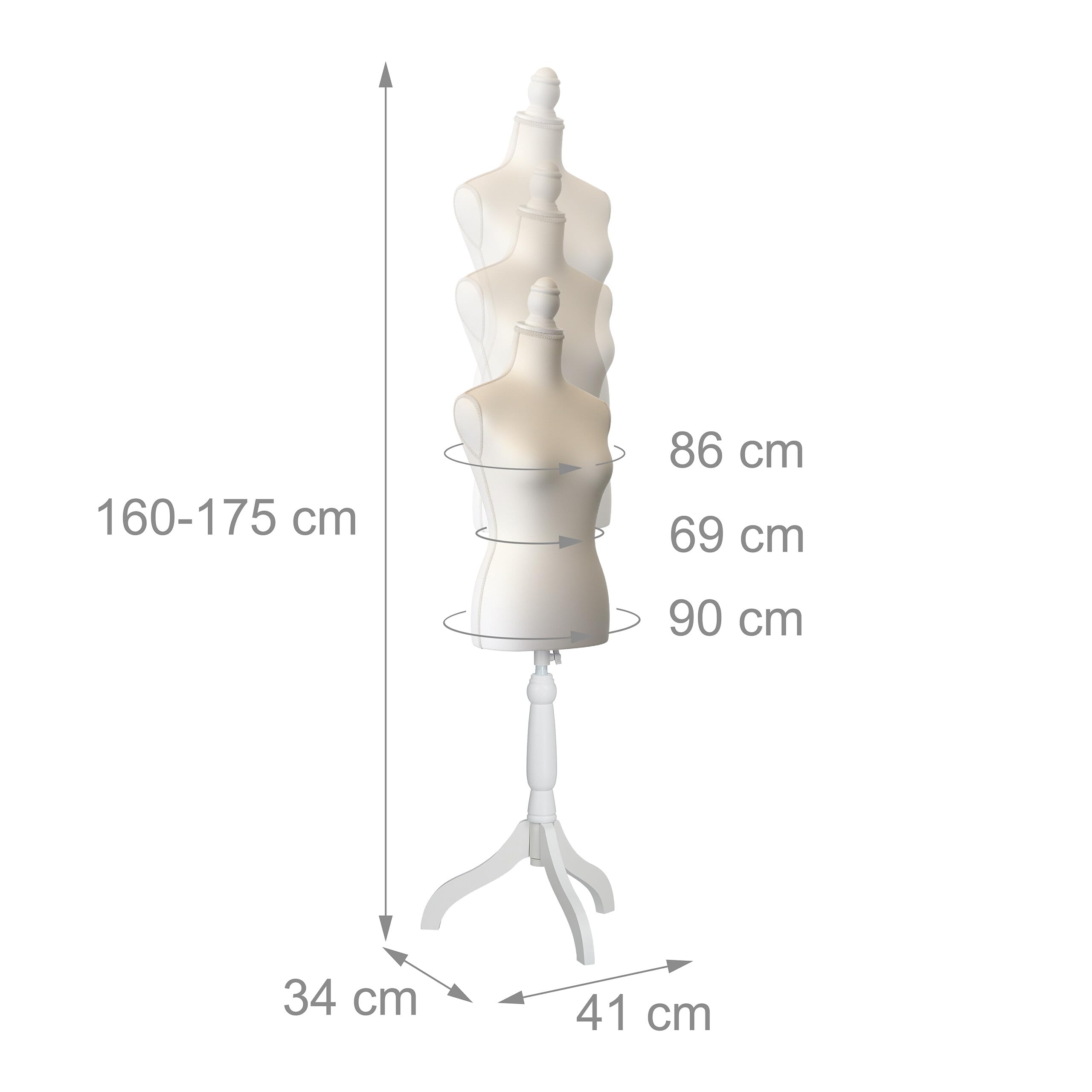 Maniquí Relaxdays, Mujer, Talla 36/38, Altura Regulable de 160 a 175 cm, con Soporte de Madera, Blanco