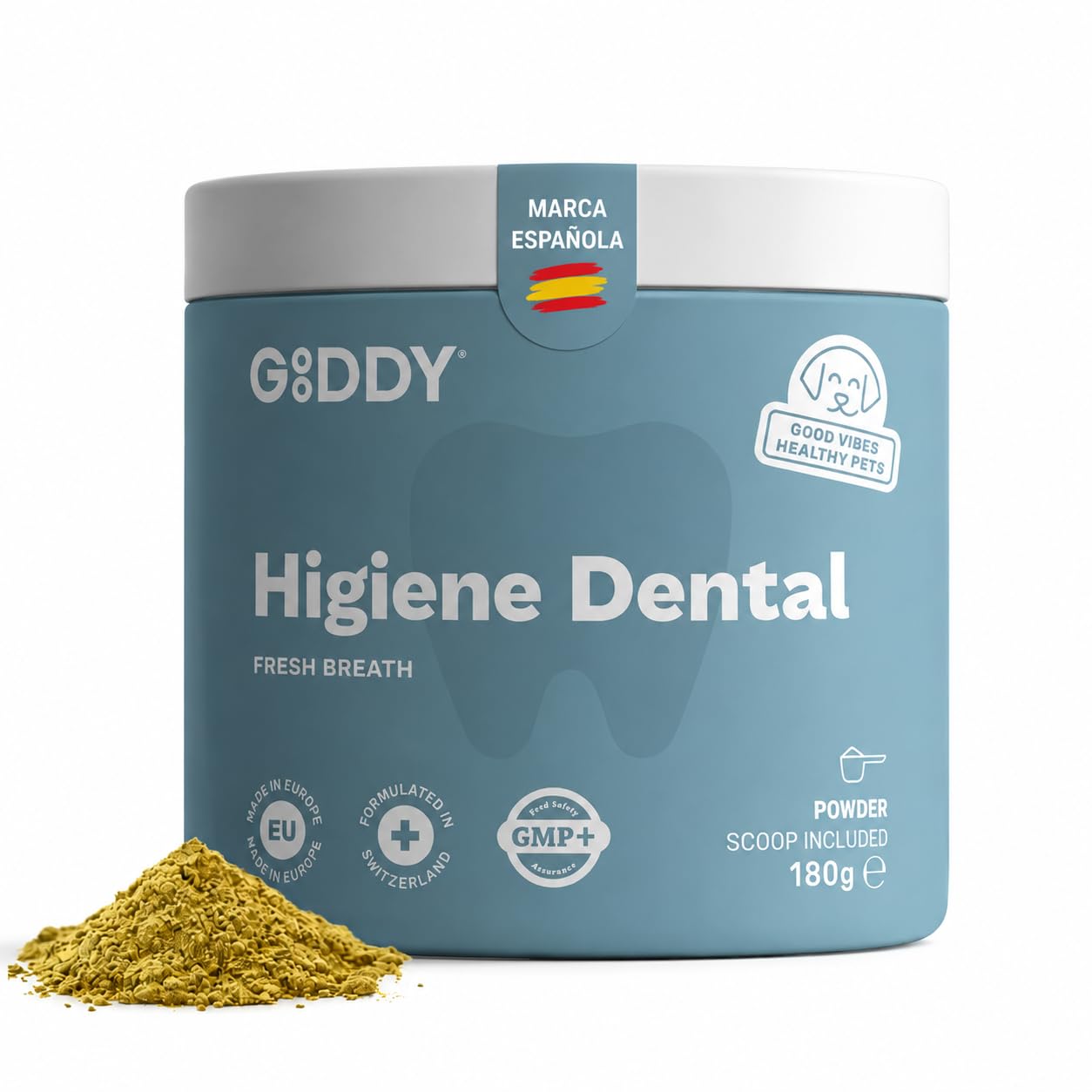 Gooddy - Cuidado Encías y Limpieza Dientes para Perros. Polvos Naturales 180g, Sin Cereales e Hipoalergénico – Elimina sarro, Placa y Mal Aliento. Alga Marina Natural Kelp, Zinc, Menta. 6 Meses Uso