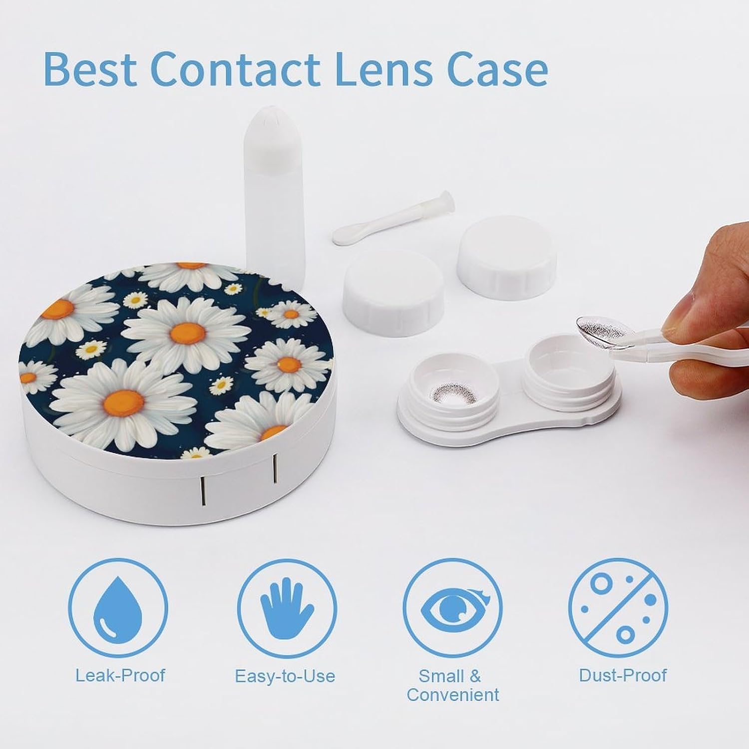Daisy Pattern Contact Lens Case Portable Contact Case Soak Storage Kit Cute Contact Lens Solution Bottle with Mirror Tweezers Solution Soaking Cases for Daily Travel Outdoor Use