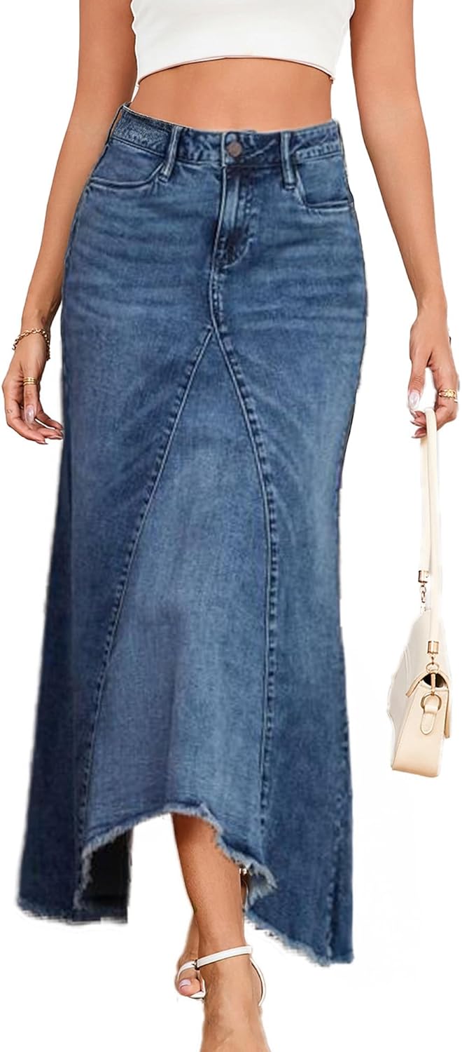 Jean Skirt for Women Denim Skirt High Waist Stretch Midi Denim Skirts with Pockets
