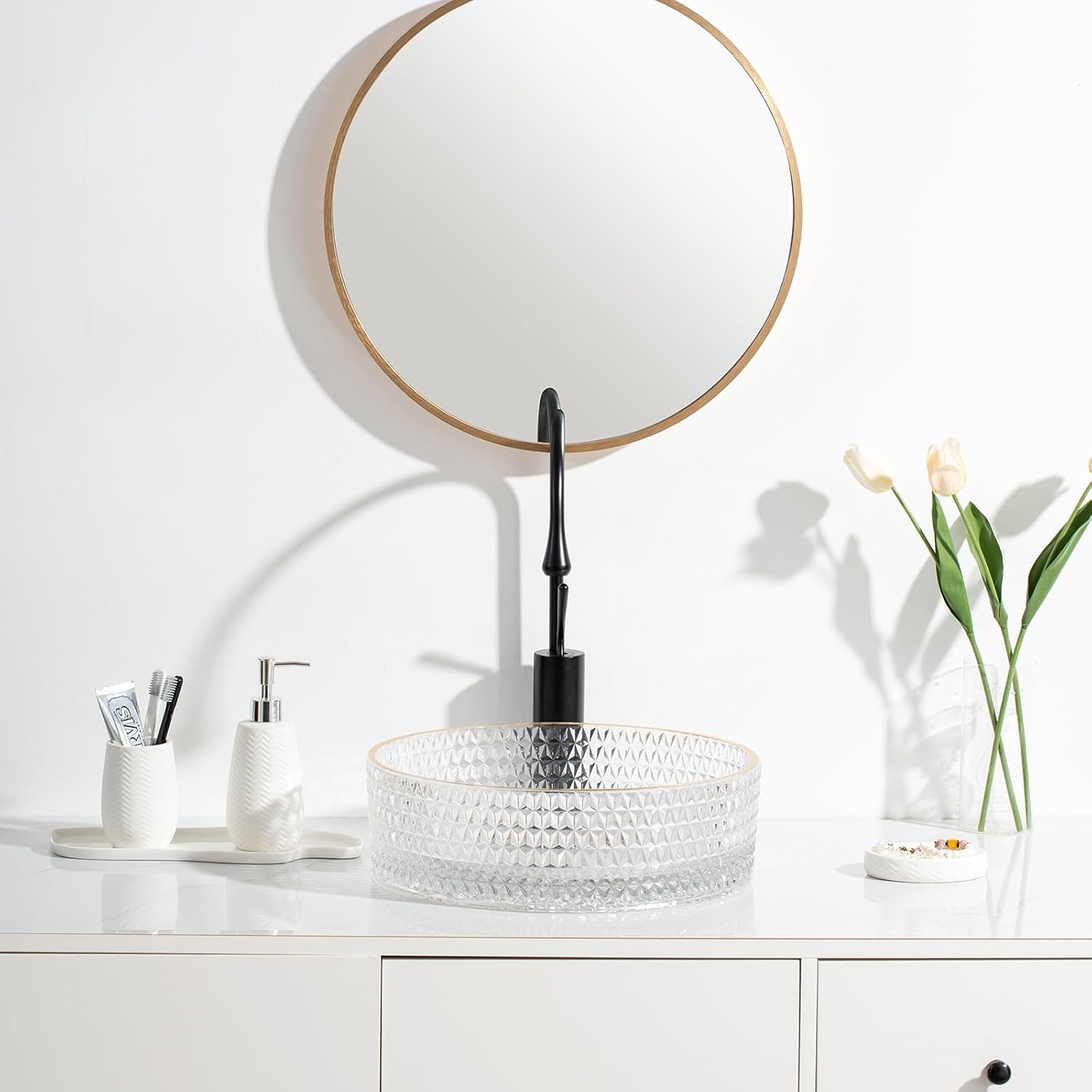 White Bathroom Accessories 4pcs Stylish Bathroom Accessories Set White Soap Dispenser Pump, Toothbrush Holder, Soap Dish and Trash Can Modern Decor Wavy Design Ceramic Bathroom Accessory Set