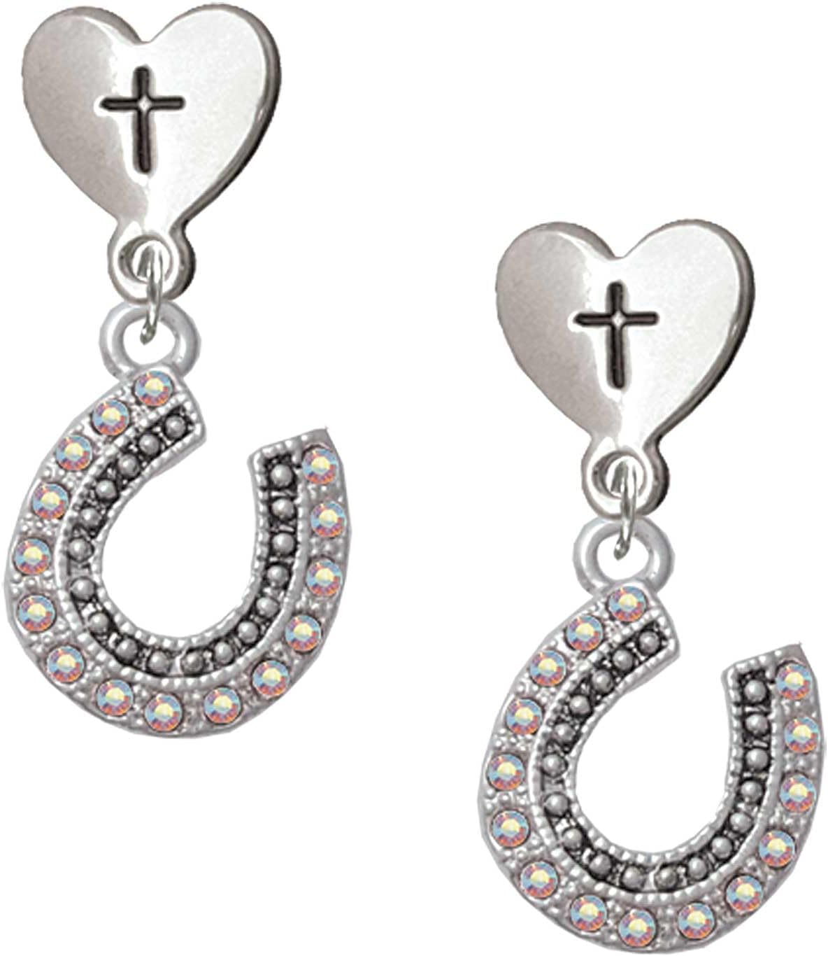 Delight Jewelry Silvertone Beaded Crystal Horseshoe with Good Luck Plated Cross in Heart Post Dangle Earrings