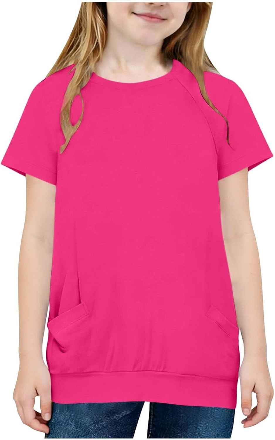 Girls Casual Crewneck Sweatshirts Cute Short Sleeve Shirts Pullover Preppy Trendy Oversized Girl Tops with Pockets