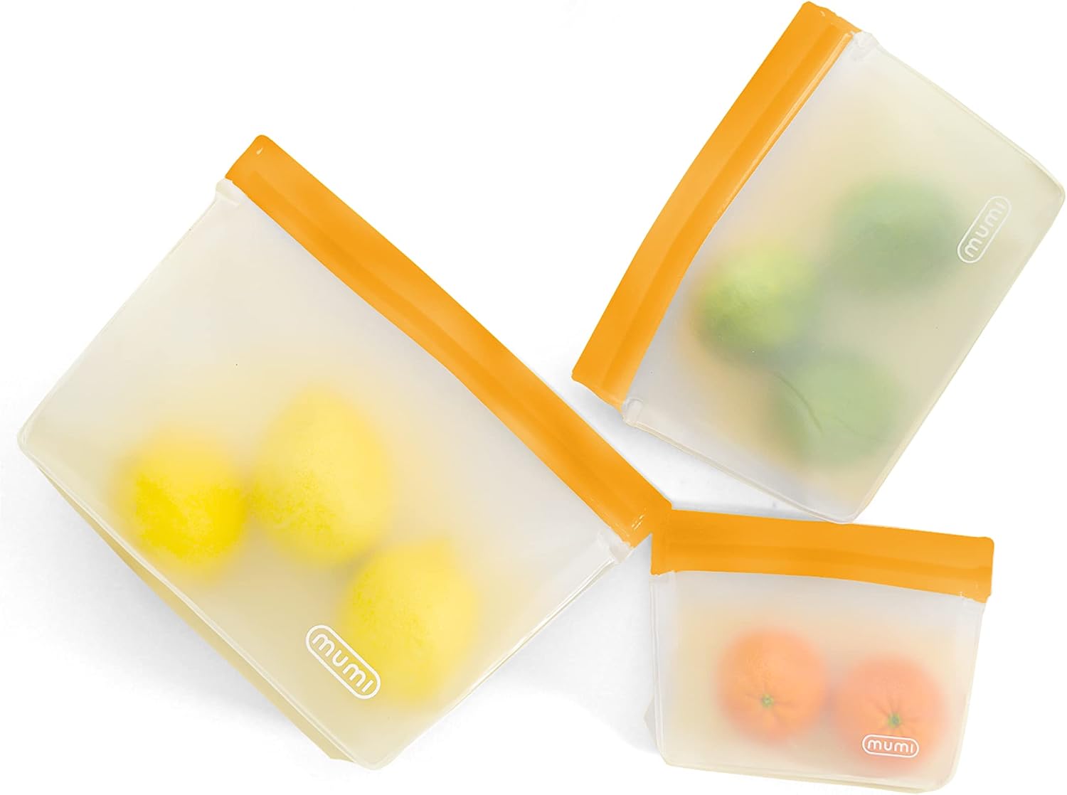 MUMI Piccolo Reusable Silicone Zip Up Bags - Set of 3, BPA-Free, Orange
