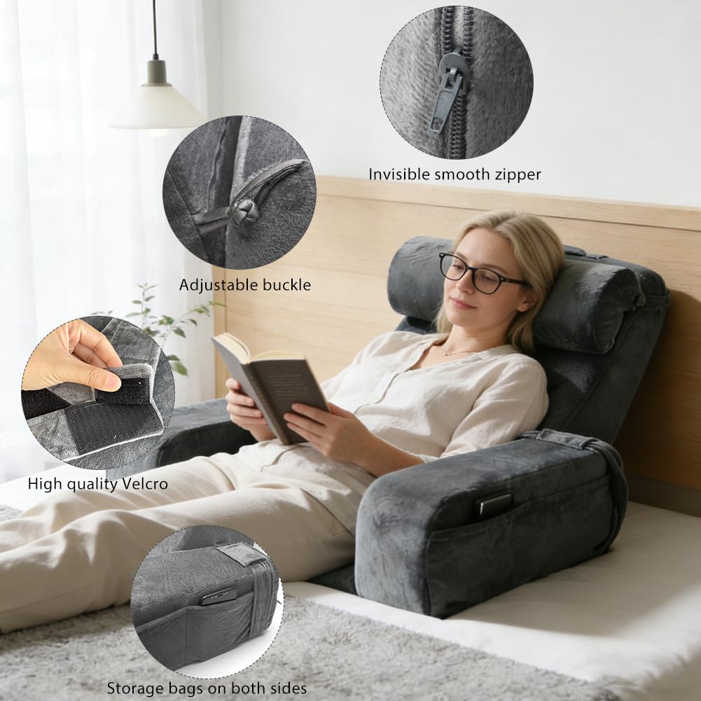 Grand coussin de lecture pour lit et canapé, avec main courante, mousse haute densité, coussin de livre avec traversin et accoudoirs amovibles, coussin de dossier, pour lire, travailler, regarder la