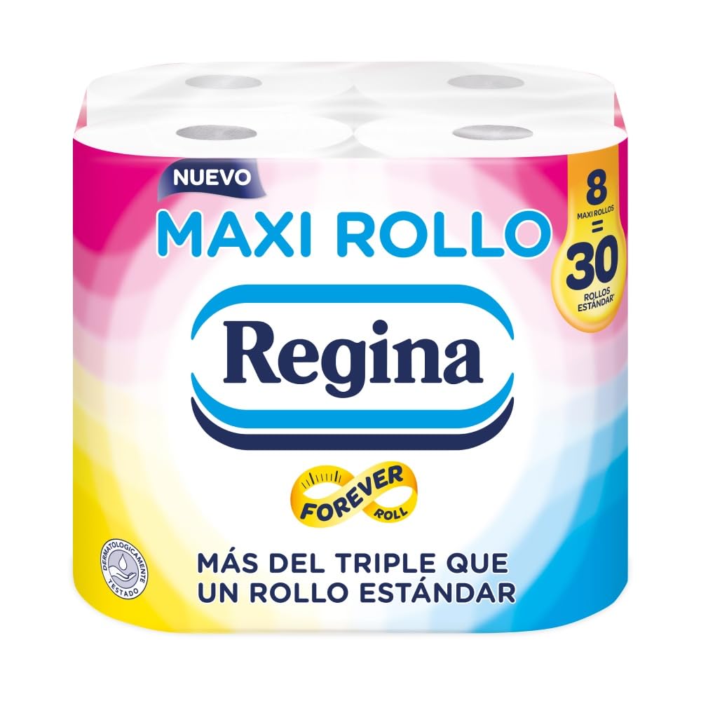 Regina Maxi Rolka – 8 rolek papieru toaletowego, 500 arkuszy 2 warstw na rolkę, więcej niż standardowa rolka, 60% plastikowy pojemnik z recyklingu w 100% z certyfikatem FSC®