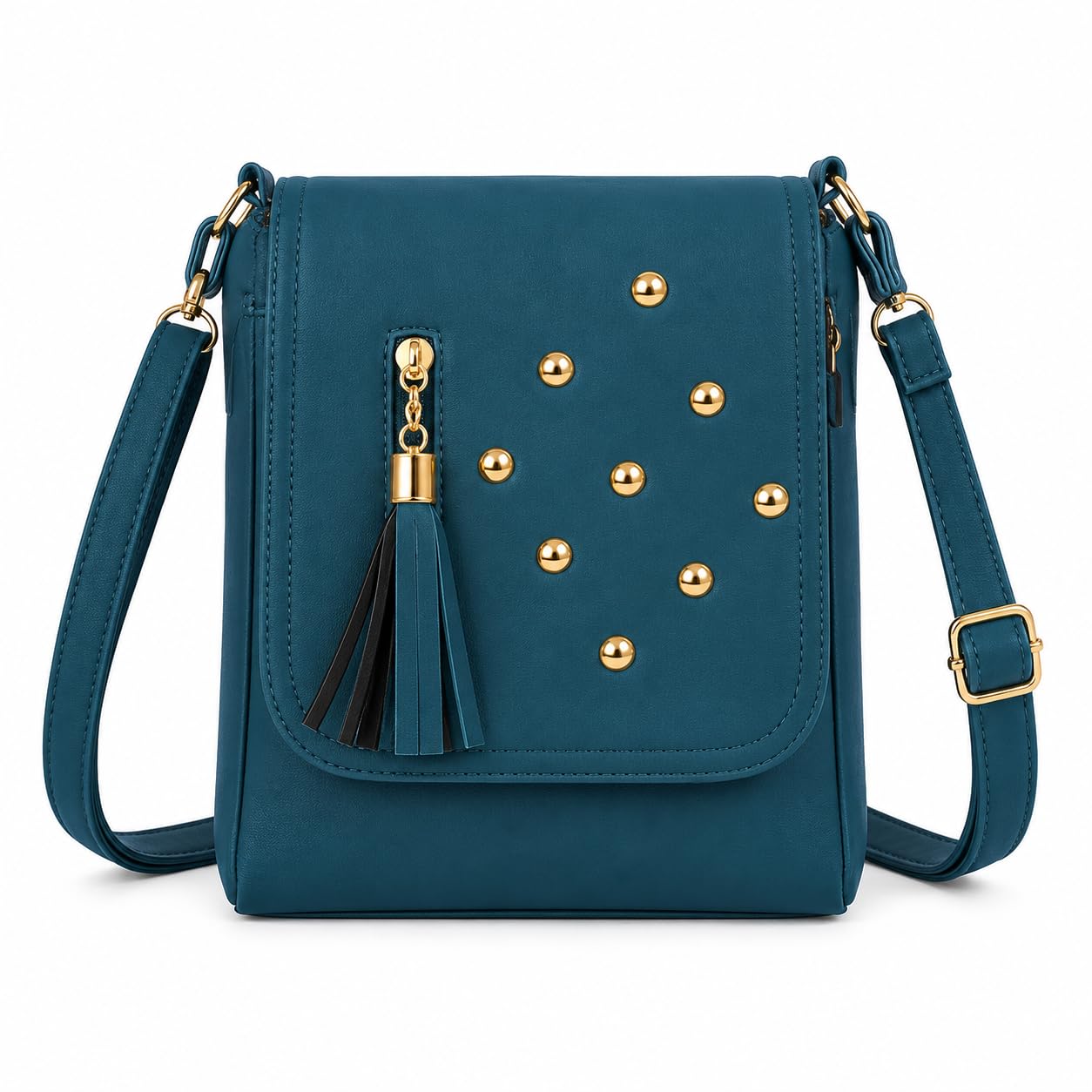 Blue PU Leather Sling Bag for Women | Stylish Crossbody Shoulder Bag with Gold Studs & Tassel | Adjustable Messenger Purse for Girls & Women | Daily Use Casual Handbag-image-6