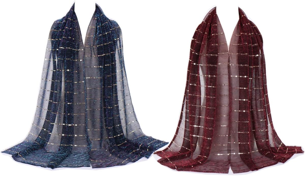 Women Sequin Long Scarf Shawl Headscarf 2PCS Fashion Muslim Hijab Head Wrap Scarves