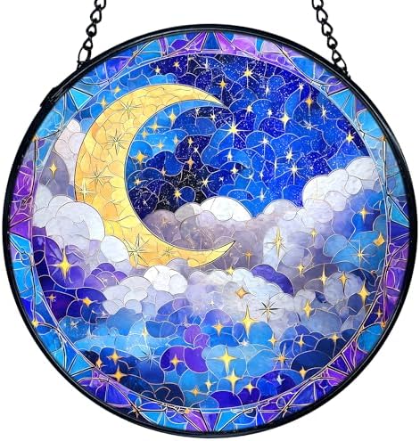 Moon and Stars Acrylic Jigsaw Puzzle Window Hanging Crescent Night Sky Celestial Sun Catchers Indoor Window Round Wall Art Decor Moon Wall Hanging Decors 7.4 in 83 Pieces Irregular Pieces