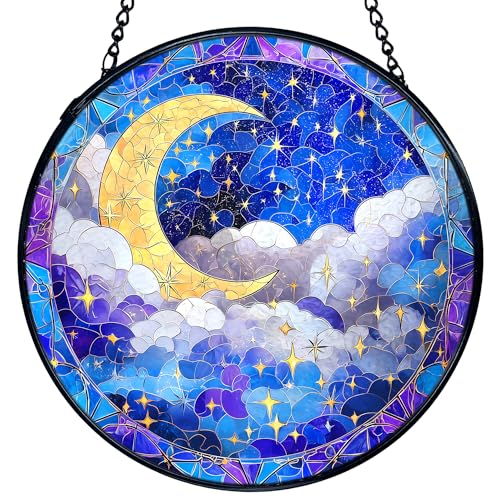 TNUW Moon and Stars Stained Glass Window Hanging, Crescent Moon Night Sky Celestial Sun Catchers Indoor Window Glass Round Wall Art Decor, Moon Wall Hanging Decorations, 7.9"x7.9"
