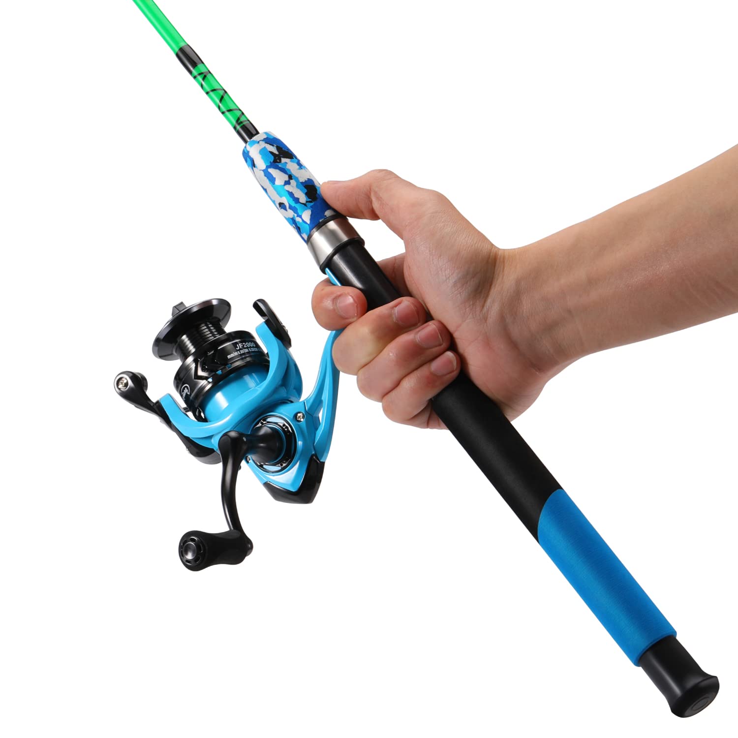 Sougayilang Spinning Reel and 2-Piece Fishing Rod Combo, Durable Graphite & Fiberglass Rod, Split-Grip Cork Handle,Right/Left Handle Position: Blue 7'00''-2000
