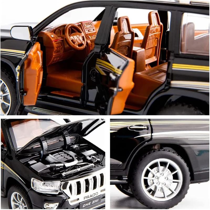 Image of Kids Model 1:24 Prado Die Cast Metal Car Pull Back Action Opening Doors with Realistic Engine Sound Lights Toy Car Gift for Boys - Black