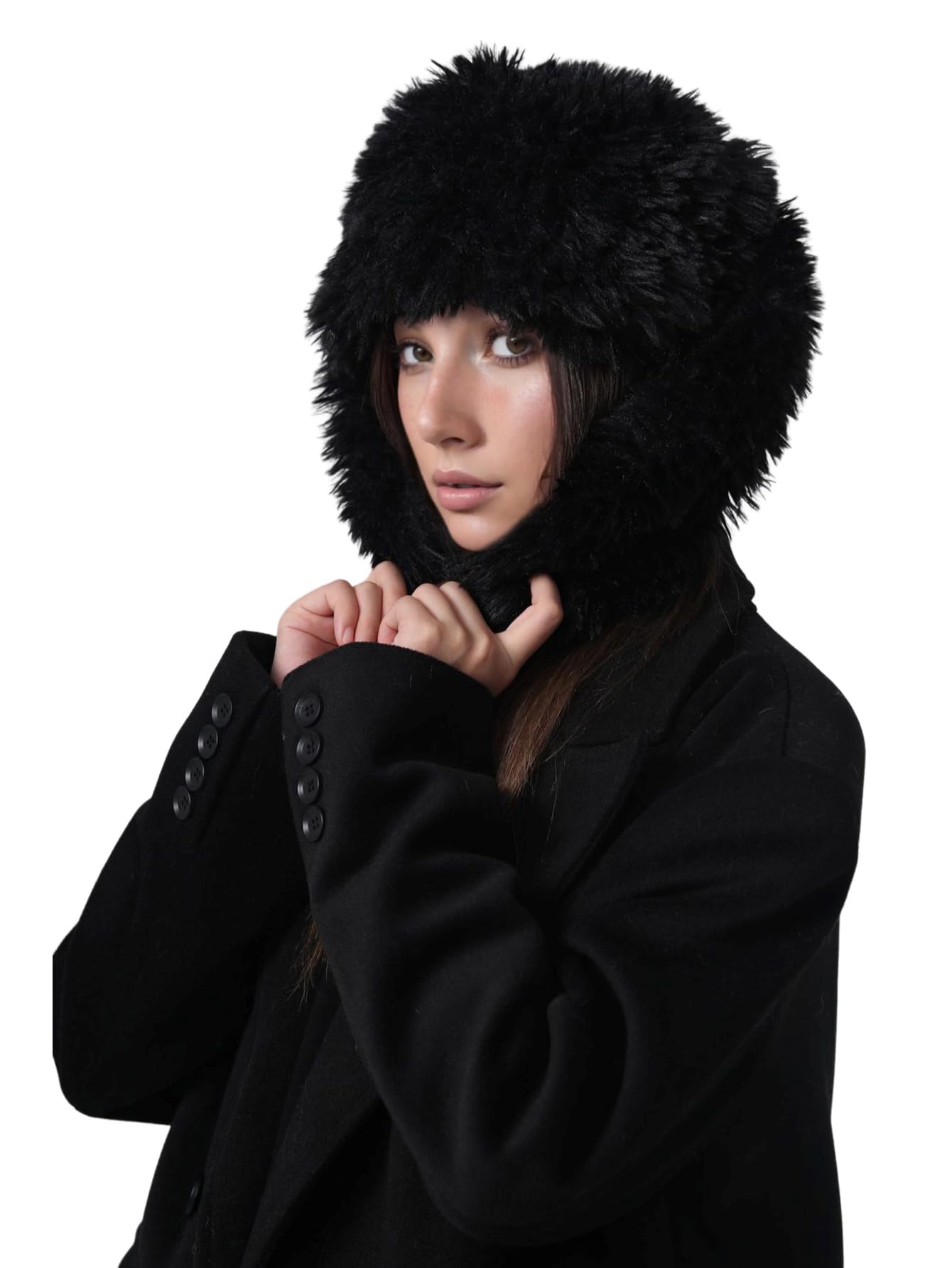 Women Winter Fuzzy Bucket Hat Cute Bunny Hat Beanie with Faux Bunny Ears Rabbit Ears Hat for Christmas Halloween Black