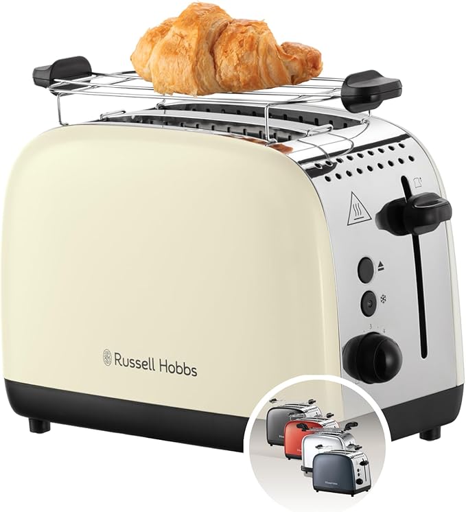 Russell Hobbs Tostadora Colours Plus, 2 Ranuras Cortas y Anchas, Tostador para 2 Rebanadas, Bandeja Recogemigas, Calientapanecillos, Función Cancelar y Descongelar, Acero Inoxidable, Crema, 26551-56