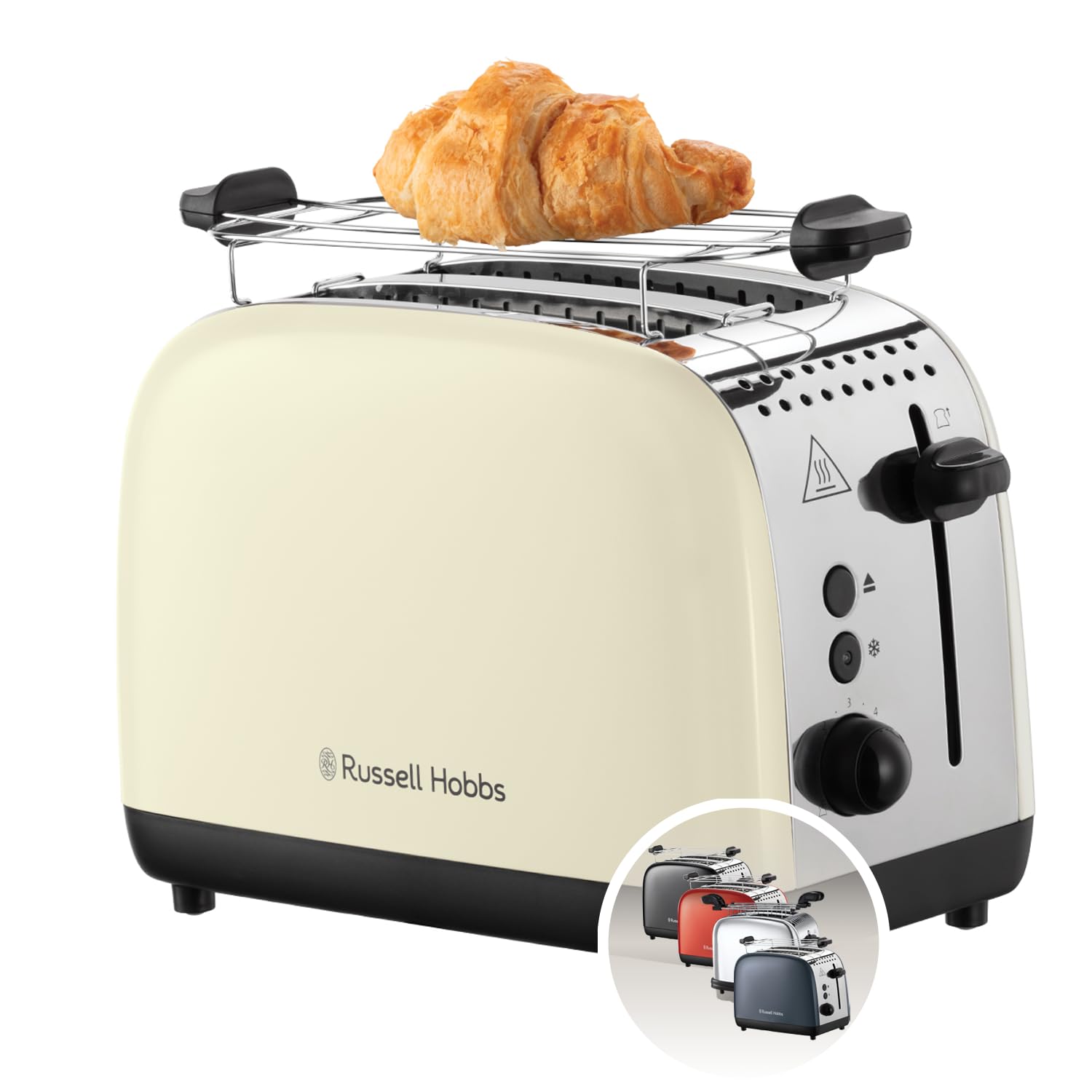 Russell Hobbs Toaster [For 2 Slices] Colours Plus Stainless Steel Cream (Extra Wide Slots, 6 Levels of Fast Burning, Raising and Control, Thawing, Warming, 1600W) Toaster 26551-56
