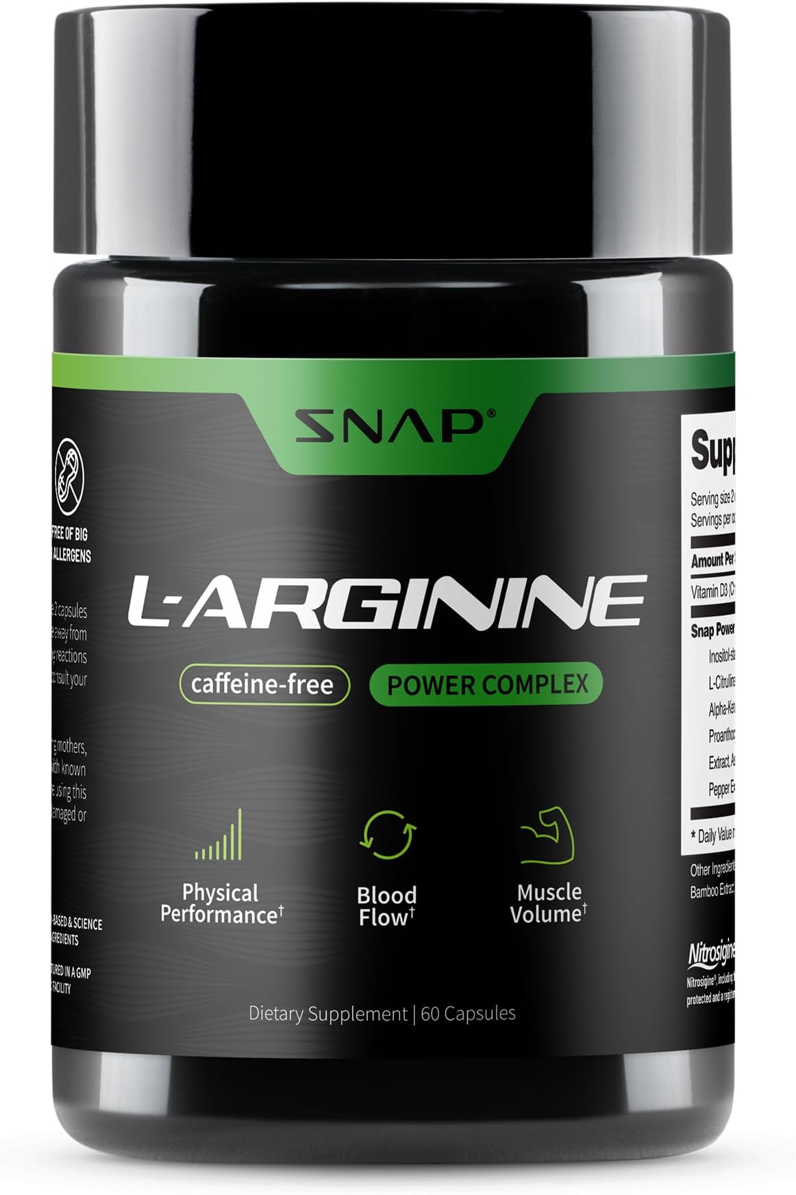 - Snap Supplements L-Arginine Capsules with L-Citrulline and 3 Forms of L-Arginine to Support Healthy Circulation, Nitric Oxide & Exercise Performance, 60 Vegan Capsules (30-Day Supply)