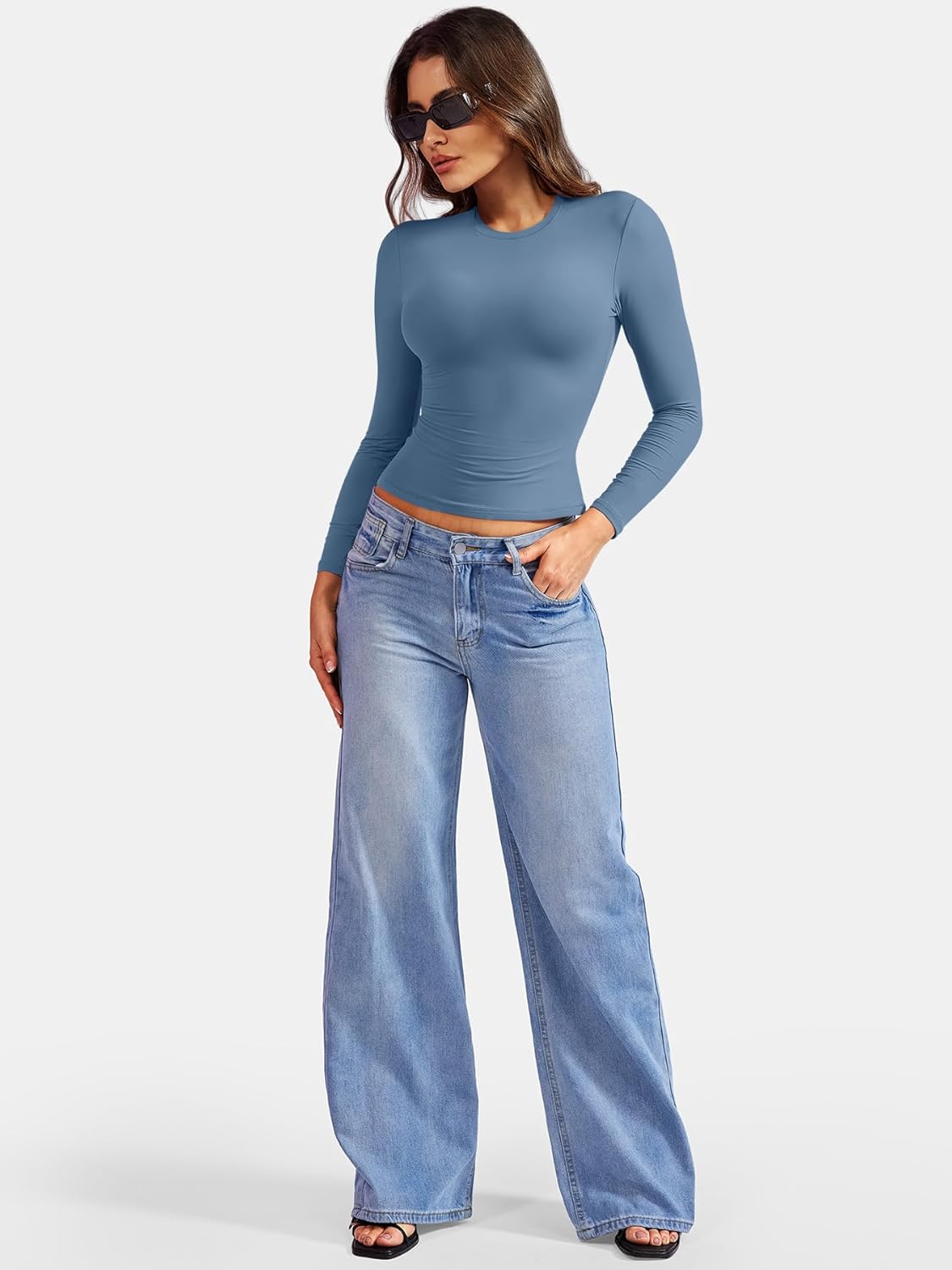 VOYJOY Women Slim Fit Long Sleeve T Shirts Crew Neck Double Lined Fitted Basic Crop Top Sexy Trendy Going Out Top - Image 5