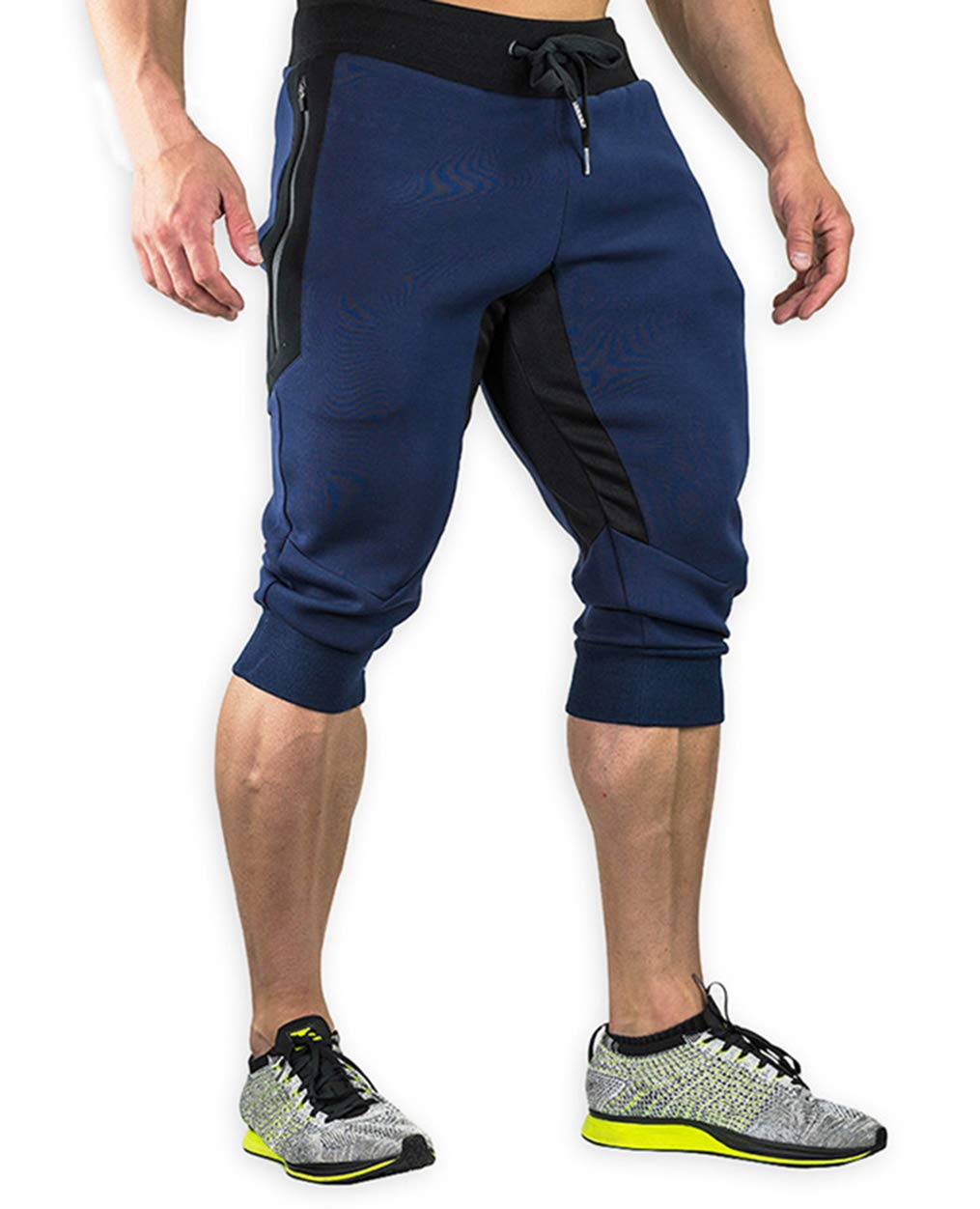 Men's Cotton Casual 3/4 Jogger Running Capri Pants Below Knee Gym Workout Shorts Zipper Pockets