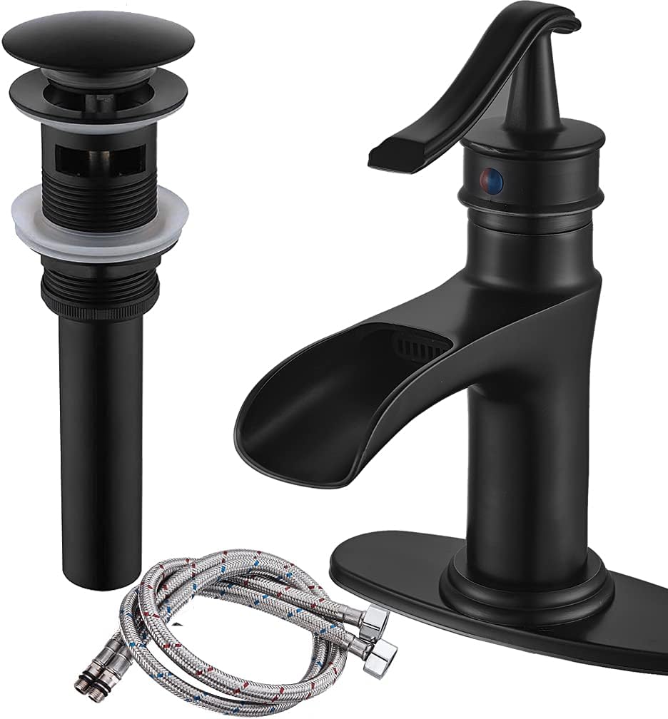 NeierThodore Waterfall Brass Bathroom Faucet Single-Handle One Hole Vanity Sink Faucet Vessel Faucet Basin Mixer Tap with Deck Plate,Matte Black