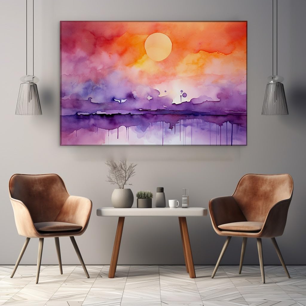 Canvas for Living room. Serene Sunset Splendor - Digital Watercolor Captures the Sky's Evening Ballet, 27 x 18 inch Canvas Wall Art - Contemporary Masterpieces - Modern Home Decor