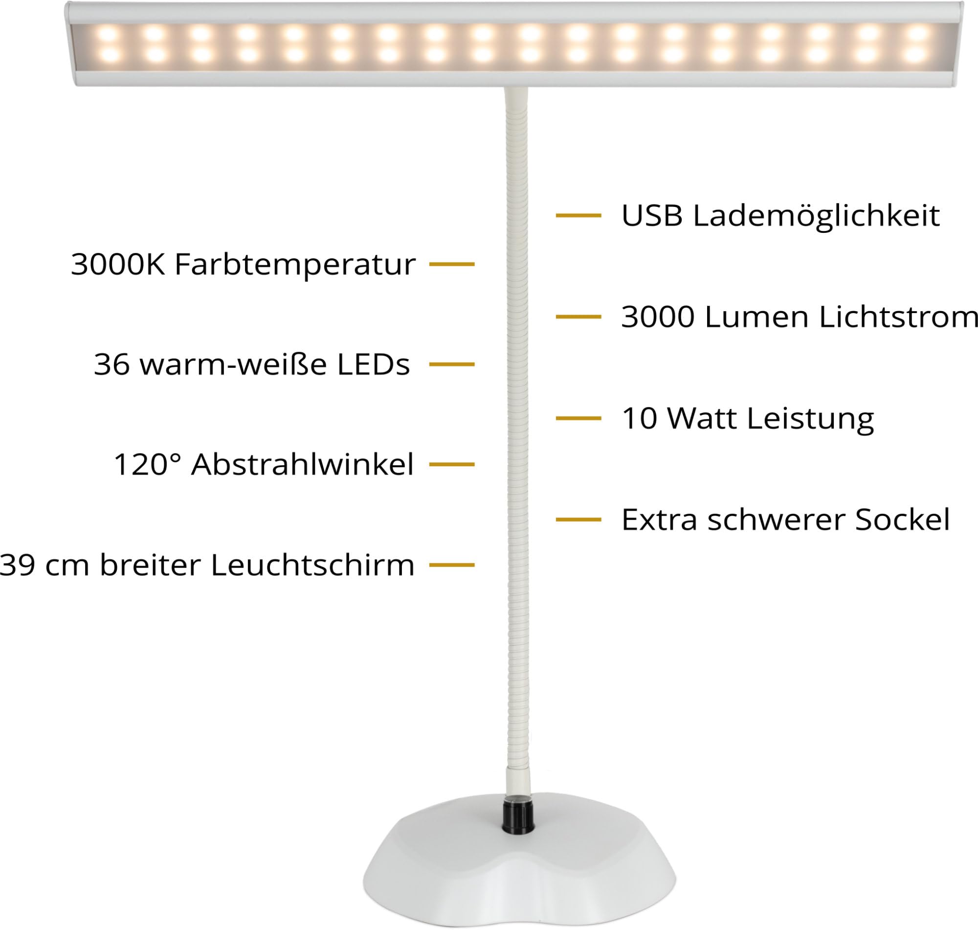 Classic Cantabile 12220 Lampada Da Pianoforte Dimmerabile Bianca - 36 LED luminose - Collo d'oca lungo 38 cm - Porta di ricarica USB integrato per smartphone o tablet - Bianca