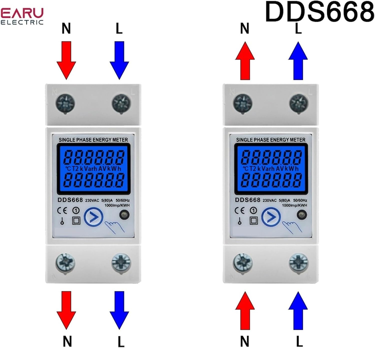 Two wiring diagrams for DDS668 energy meter. The left diagram shows upper input (N, L) and lower output (N, L). The right diagram shows lower input (N, L) and upper output (N, L), illustrating flexible wiring options.