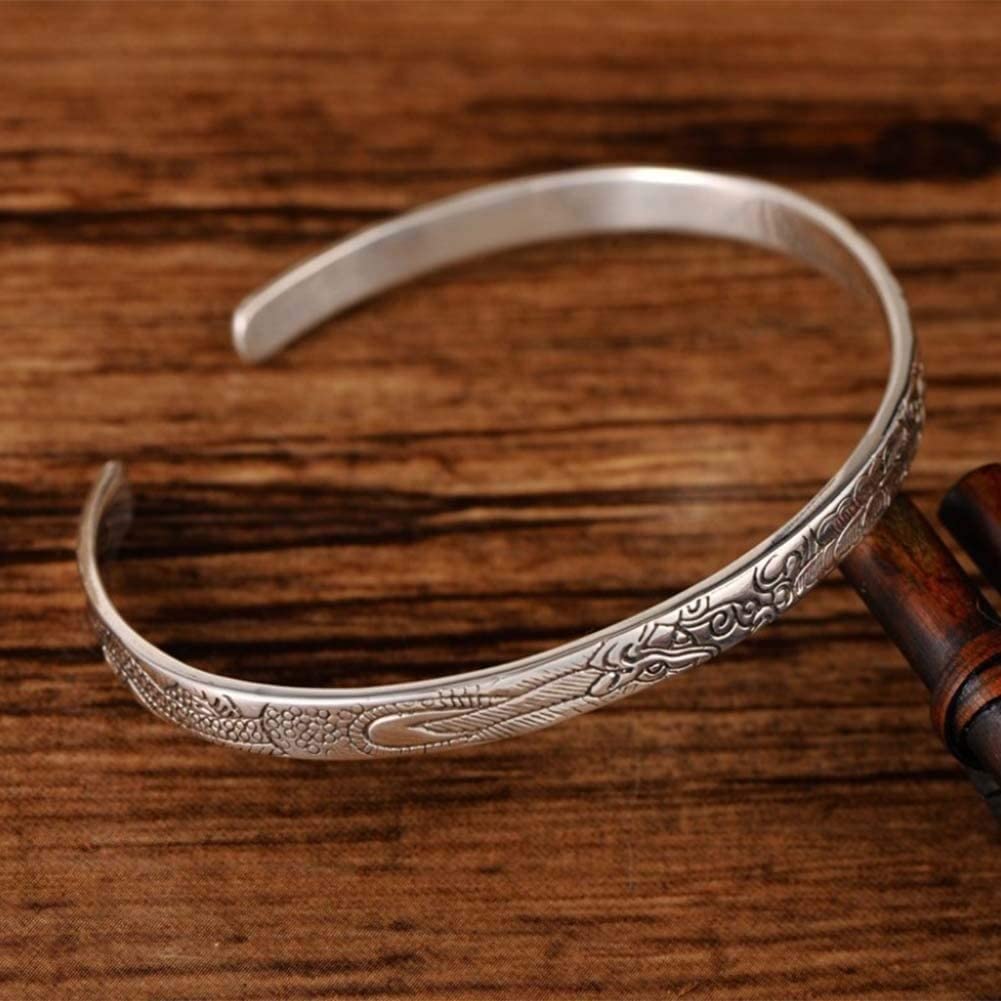 Bracciale Personalizzato, Gioielli da Donna in Stile retrò Cinese in Argento Sterling 925 con Incisione a Fiori Bracciale a Polsino Aperto