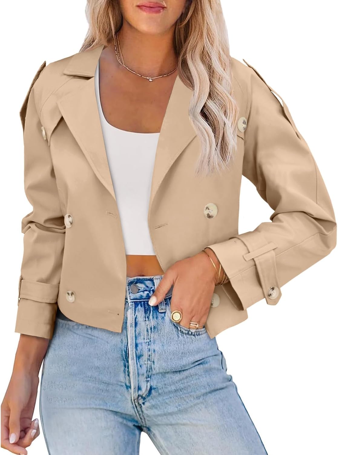 Imily Bela Womens Lapel Trench Coat Double Breasted Cropped Jacket Casual Outwear with Belt