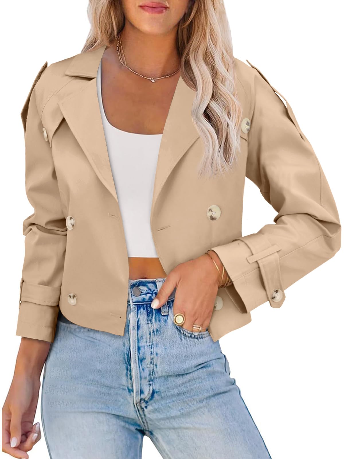 View 1 of *Hole In Belt* Size L Imily Bela Womens Lapel Trench Coat Double Breasted Cropped Jacket Casual Outwear with Belt