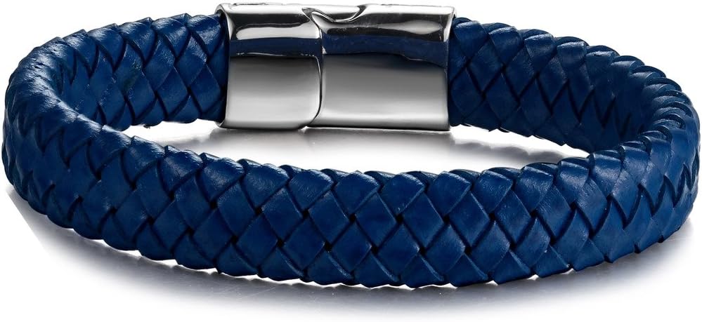FIBO STEEL 3-Piece Braided Leather Bracelet Set - Stainless Steel Magnetic Clasp, 7.5 Inch Unisex Cuff Bracelets