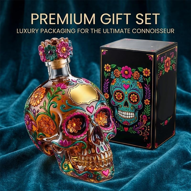 Bottiglia decanter a forma di teschio gotico 2026, decorativa in edizione limitata, dipinta in vetro dipinto, per liquori, decanter vuoto per whisky, creativo con design floreale per feste di